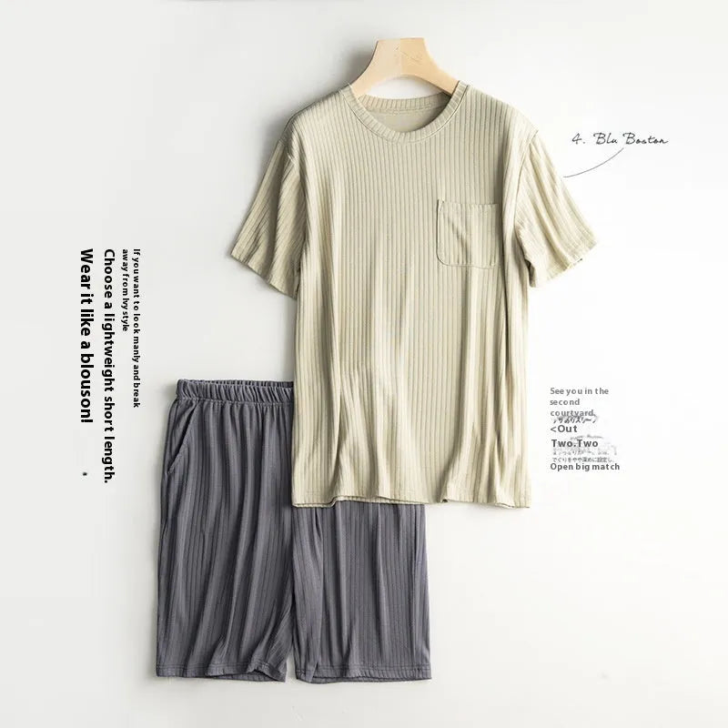 Men's thin polyester summer home wear suit with short sleeve T-shirt and matching shorts in oatmeal and deep gray colour combination