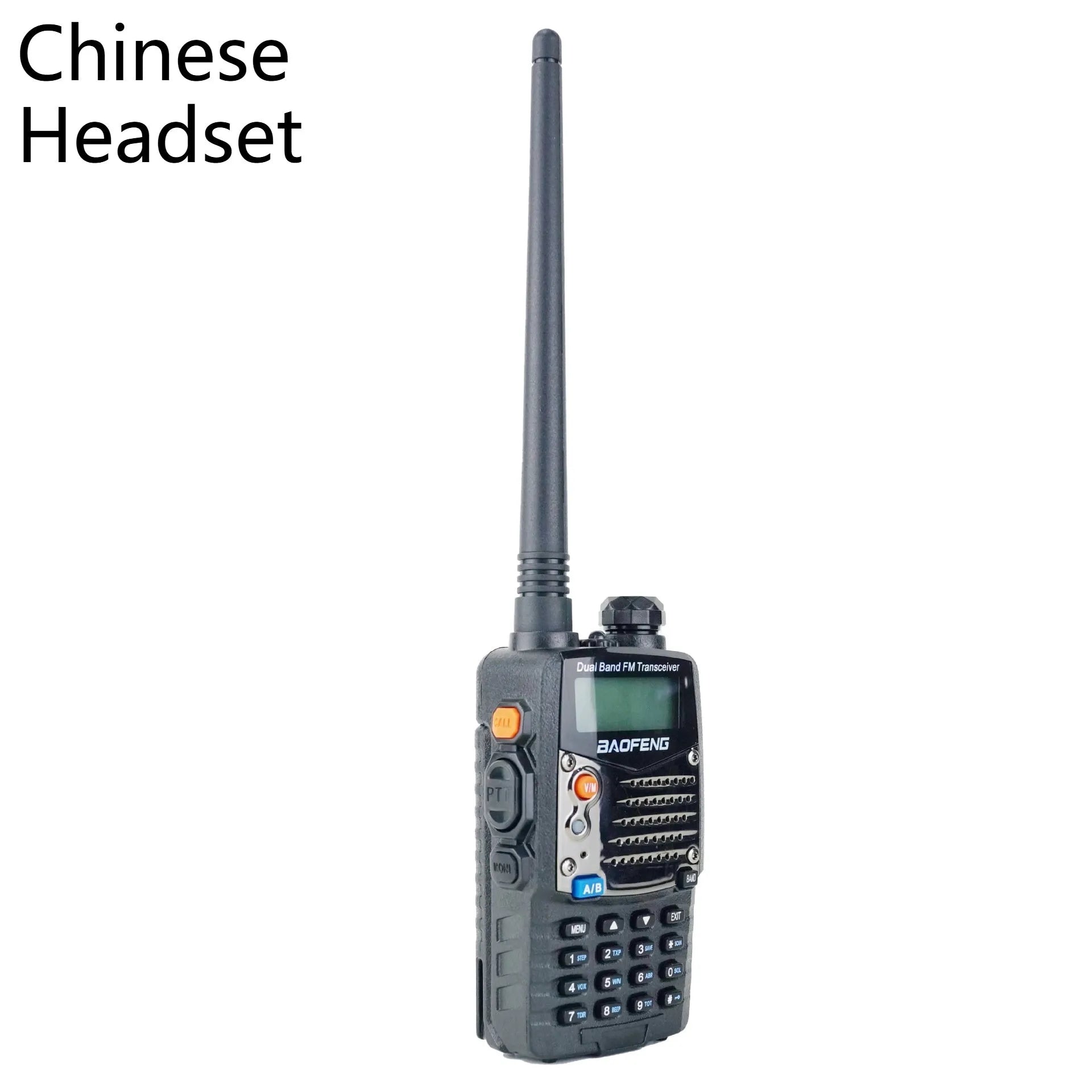 Baofeng UV-5RA dual-band walkie talkie with dual display screen showing two channel frequencies