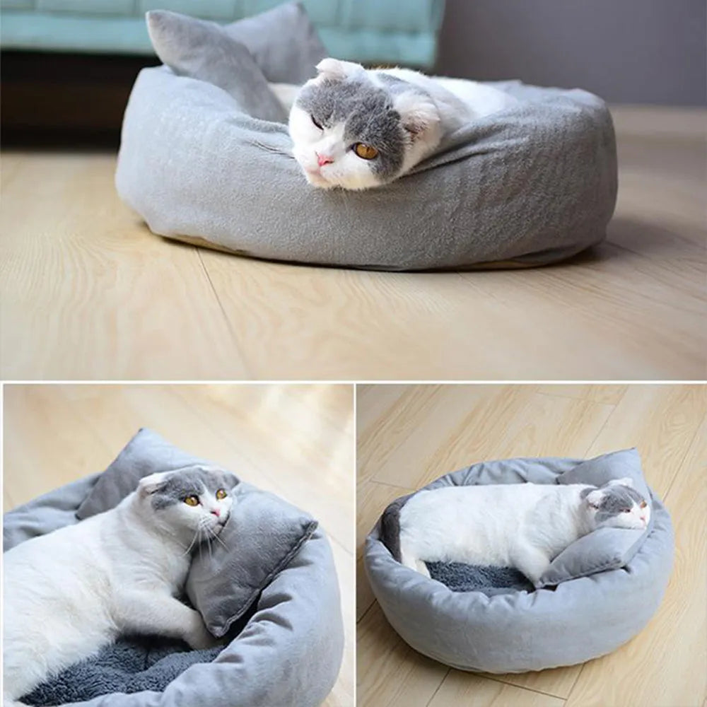 Grey round plush pet bed with removable pillow for small dogs and cats