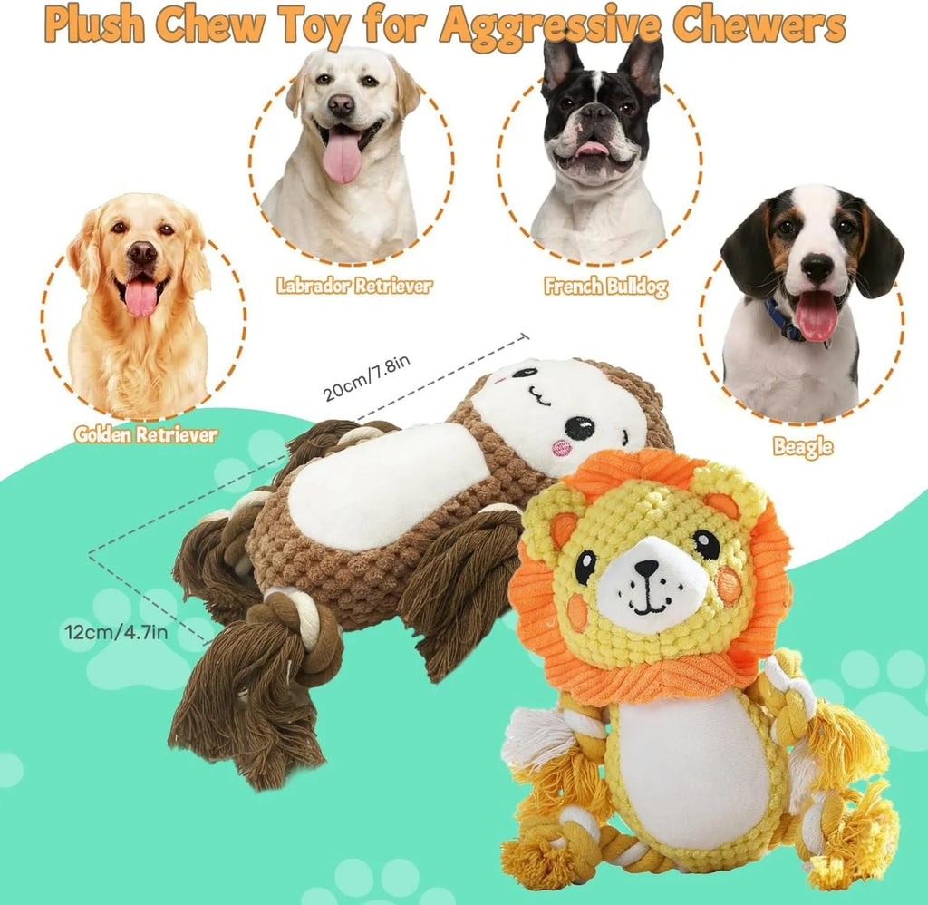 Two plush squeaky dog toys, a lion and a monkey, for medium and large dogs.