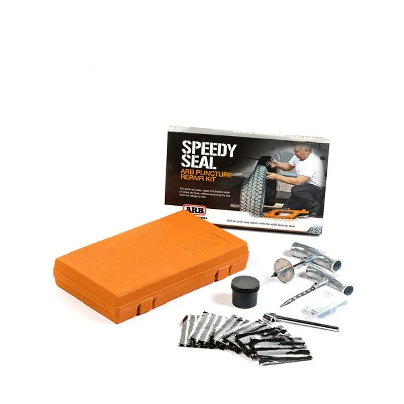 Speedy Seal emergency tyre repair tool set in a case with gauge, pliers, and insertion tools.