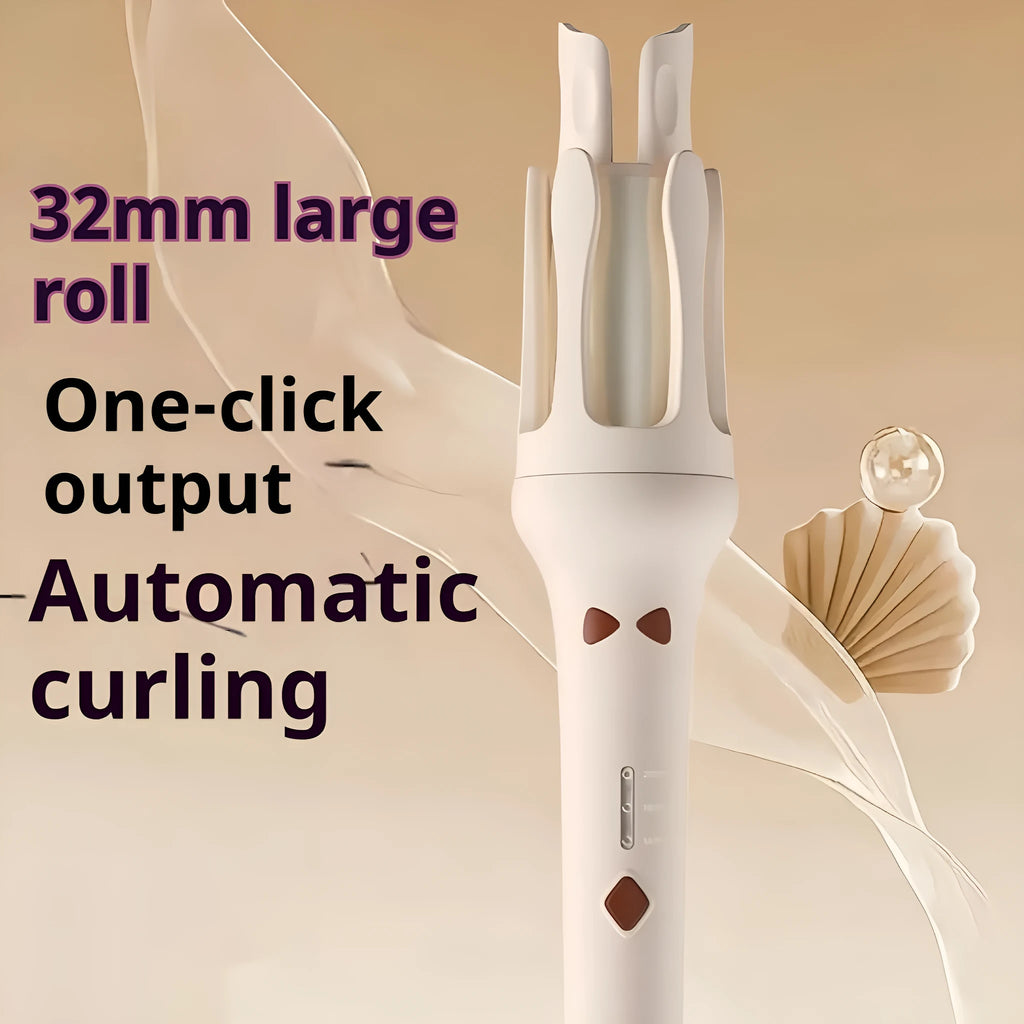 White and pink automatic hair curler with a 32mm ceramic barrel and a US plug adapter on a table.