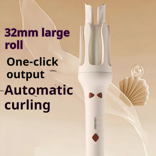 White automatic hair curler with 32mm ceramic barrel and international plug adapters