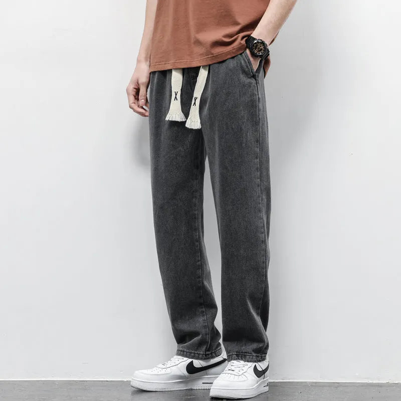 Men's loose wide leg denim trousers with elasticated drawstring waist in multiple colours, straight-leg fit