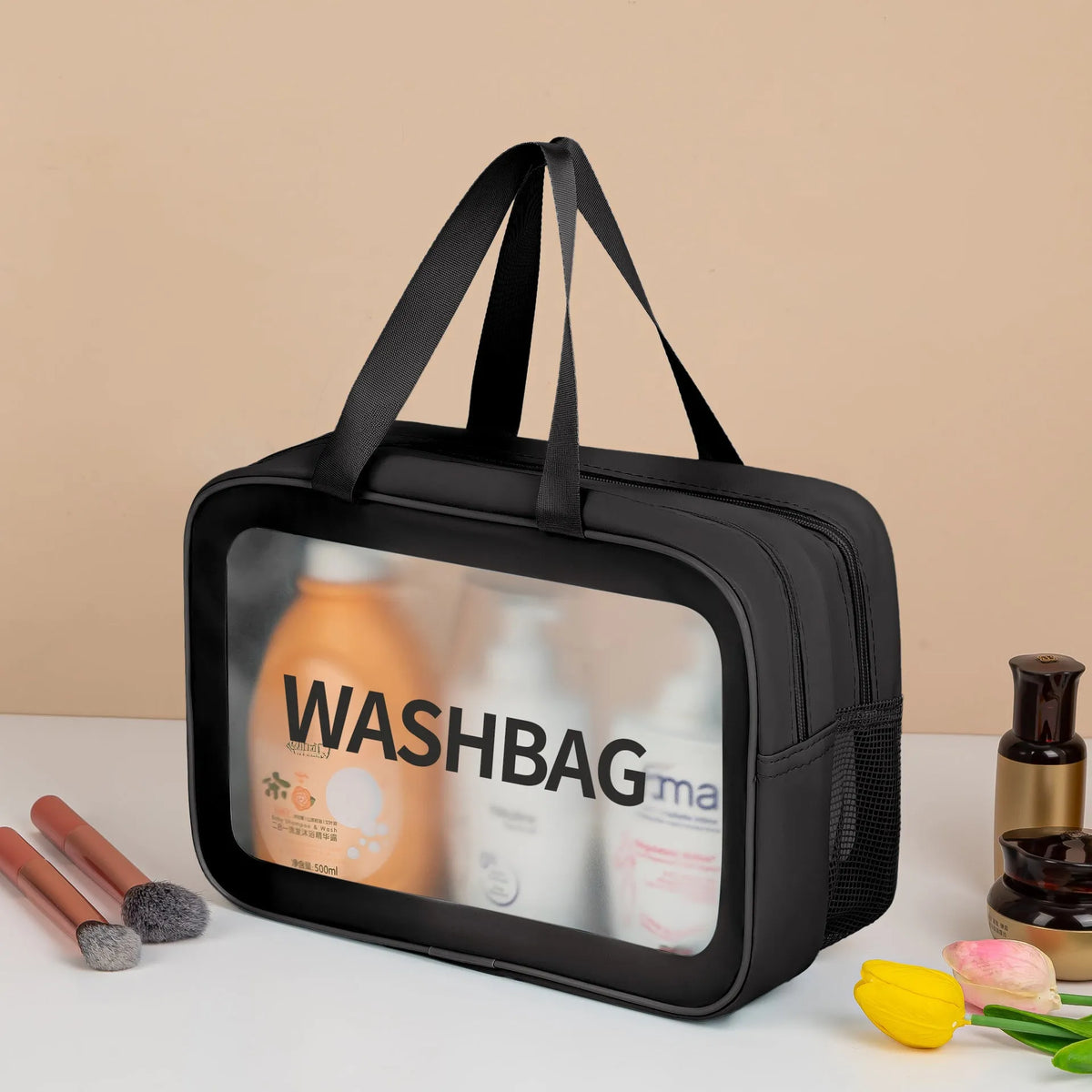 3-piece PVC wash bag set in transparent waterproof material, large medium and small sizes, beige black blue pink white