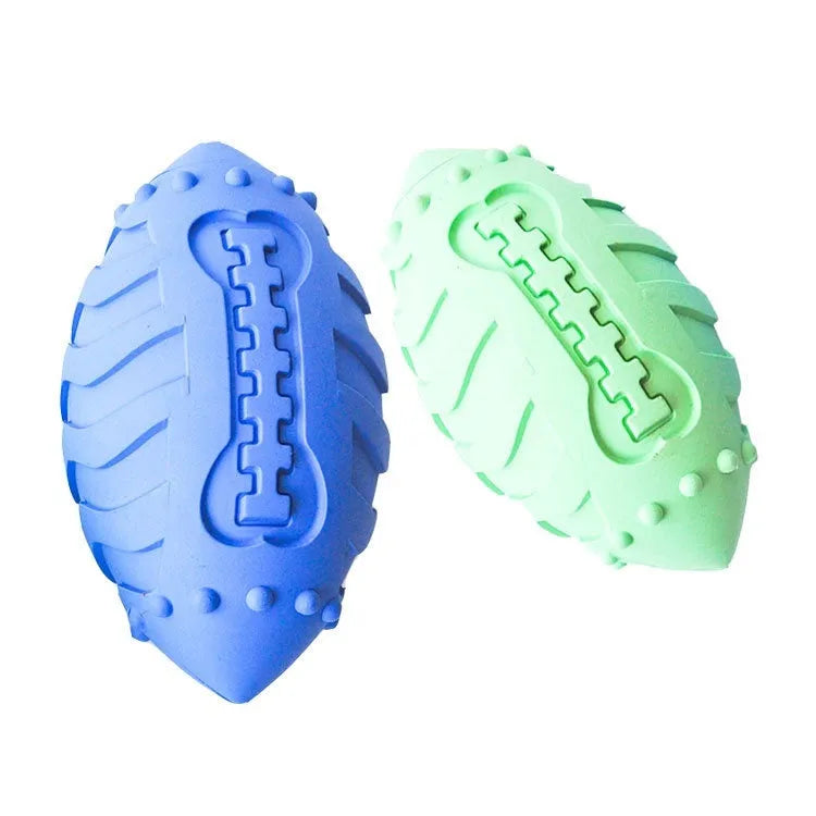 Thickened rubber rugby ball dog toy with squeaker in light green or sapphire blue colour