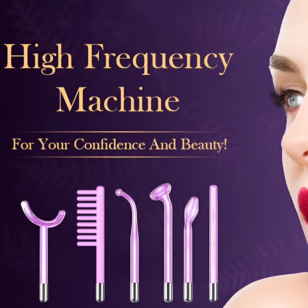Purple high-frequency electrotherapy rod with six accessory heads for professional skin treatments