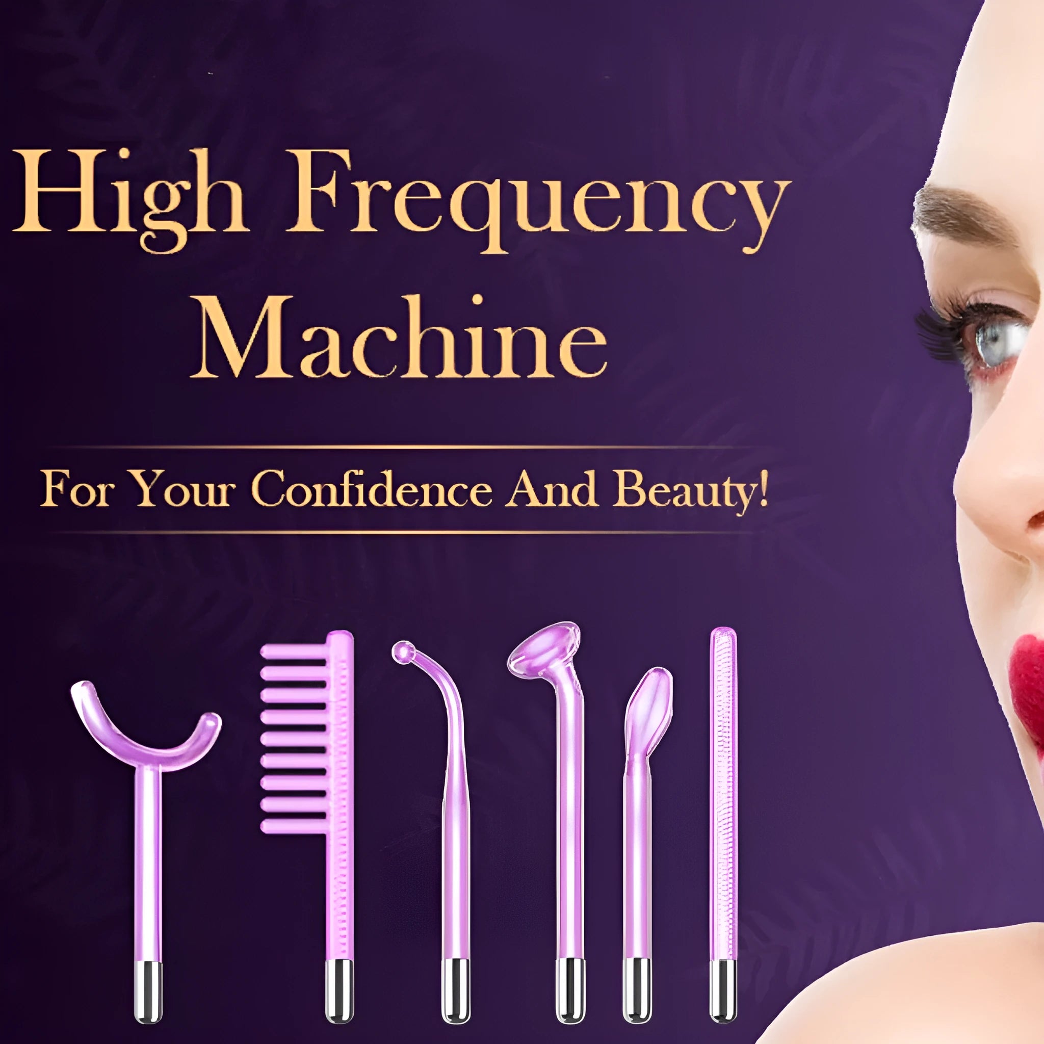 Purple high-frequency electrotherapy rod with six accessory heads for professional skin treatments
