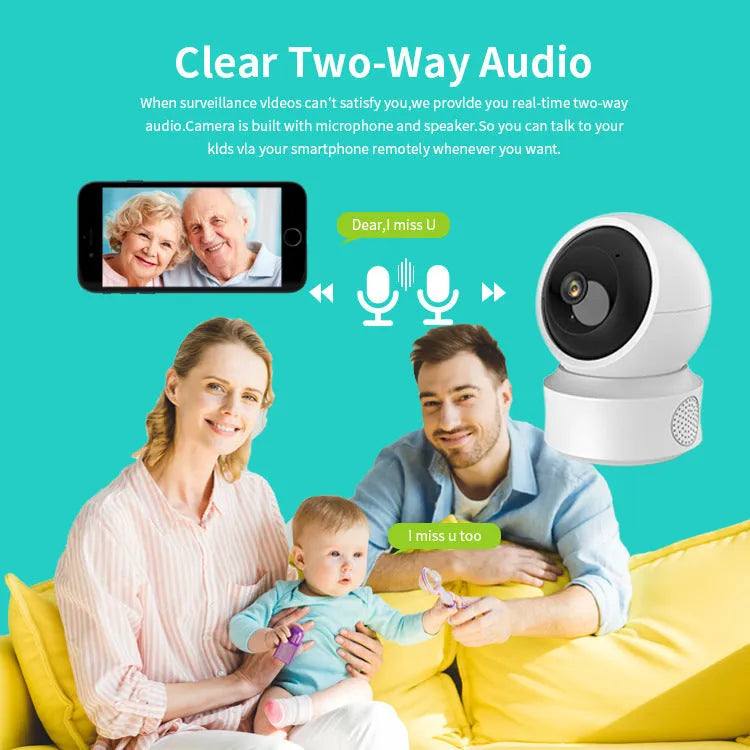 Wireless WiFi indoor surveillance camera with 360-degree panorama, night vision, and voice intercom, 135 x 104 x 98mm
