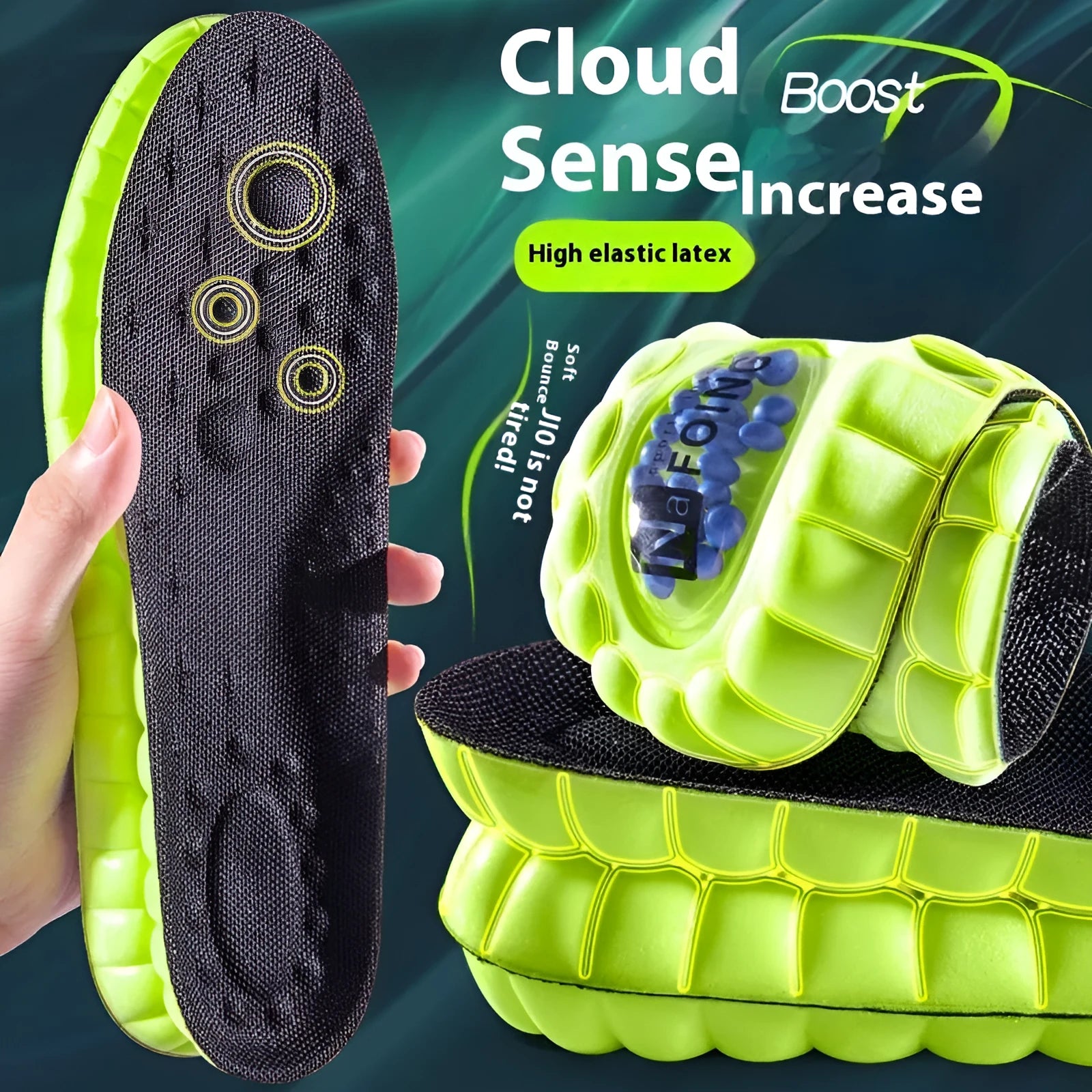 Green PU air cushion sports insoles with argy wormwood, shown at 280mm length.