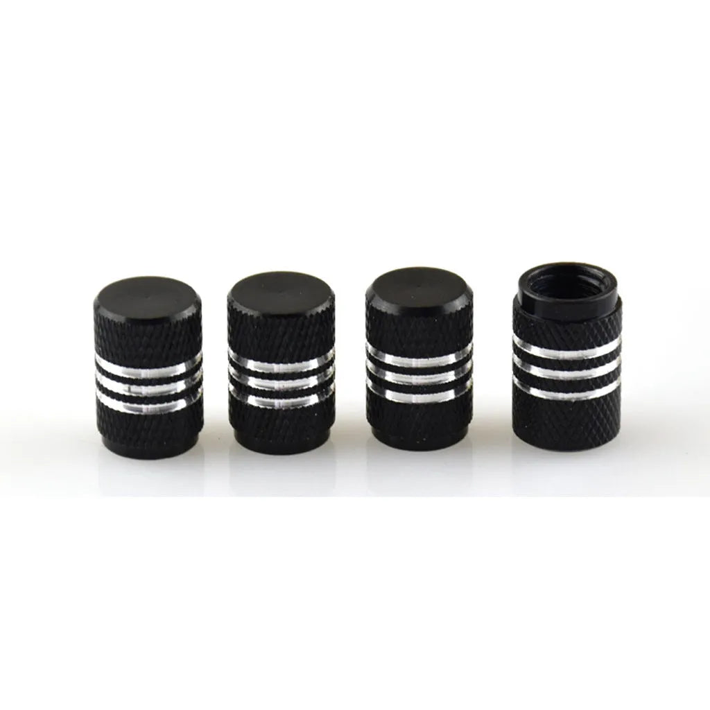 Stainless steel car tyre valve caps in multiple colour options showing black, red, blue and gold variants