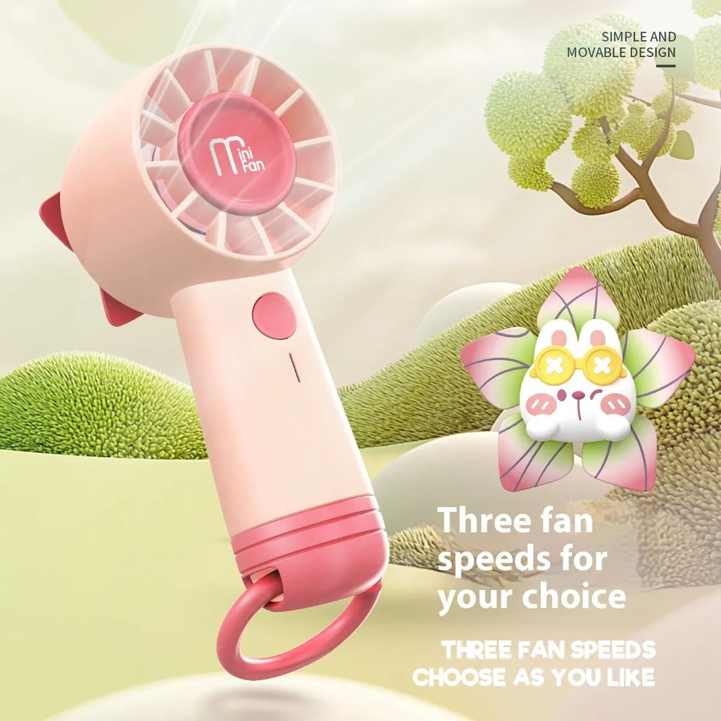 Portable creative cartoon handheld fan in plastic, 6x5.4x14.8cm, available in Green, Pink, and Yellow