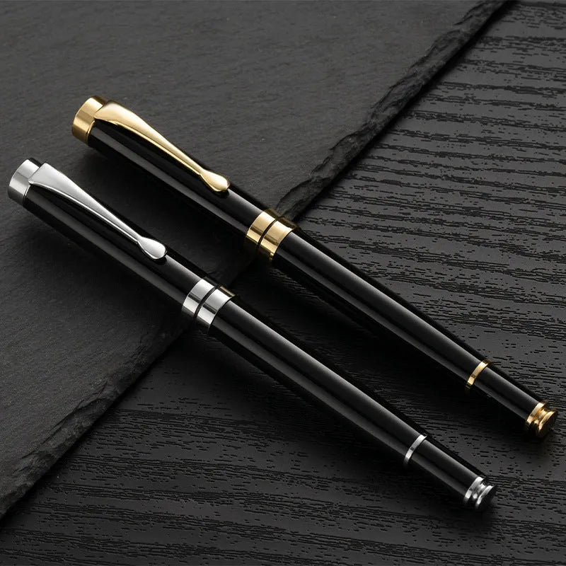 Metal fountain pen with fine F-0.5mm nib, black gold clip finish, 140mm length