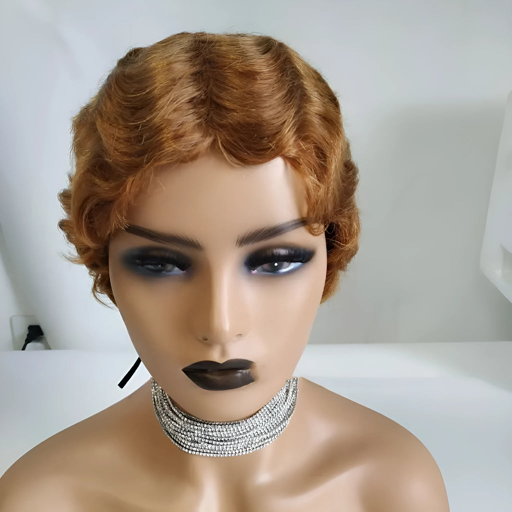 Pixie cut short bob wig in retro finger wave style with Remy human hair, 4 inch length, shown in photo colour