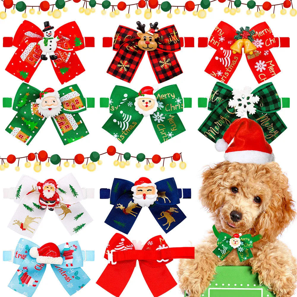 Red and green polyester Christmas pet bow tie in British style on a white background