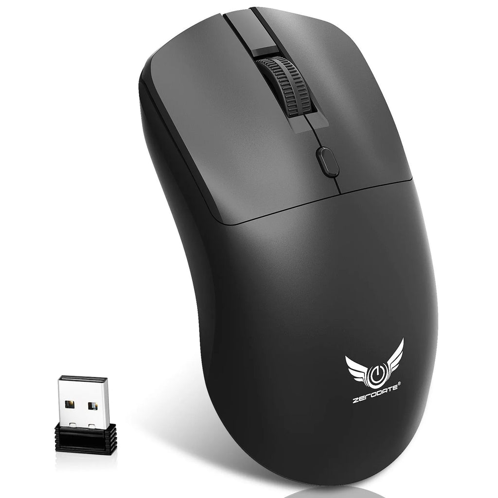Black wireless computer mouse with three DPI settings and audio control buttons