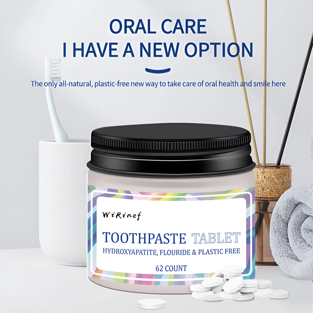 62-count pack of portable white solid toothpaste tablets for chewing and cleaning teeth, TP19 flavour.