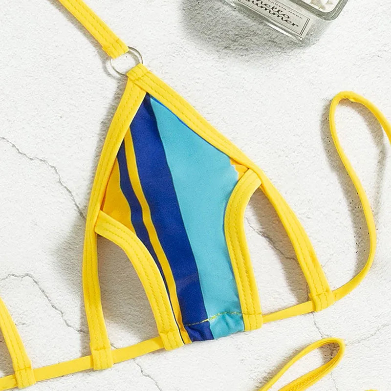 Yellow women's high-waisted split swimsuit with backless design and quick-drying polyester fabric