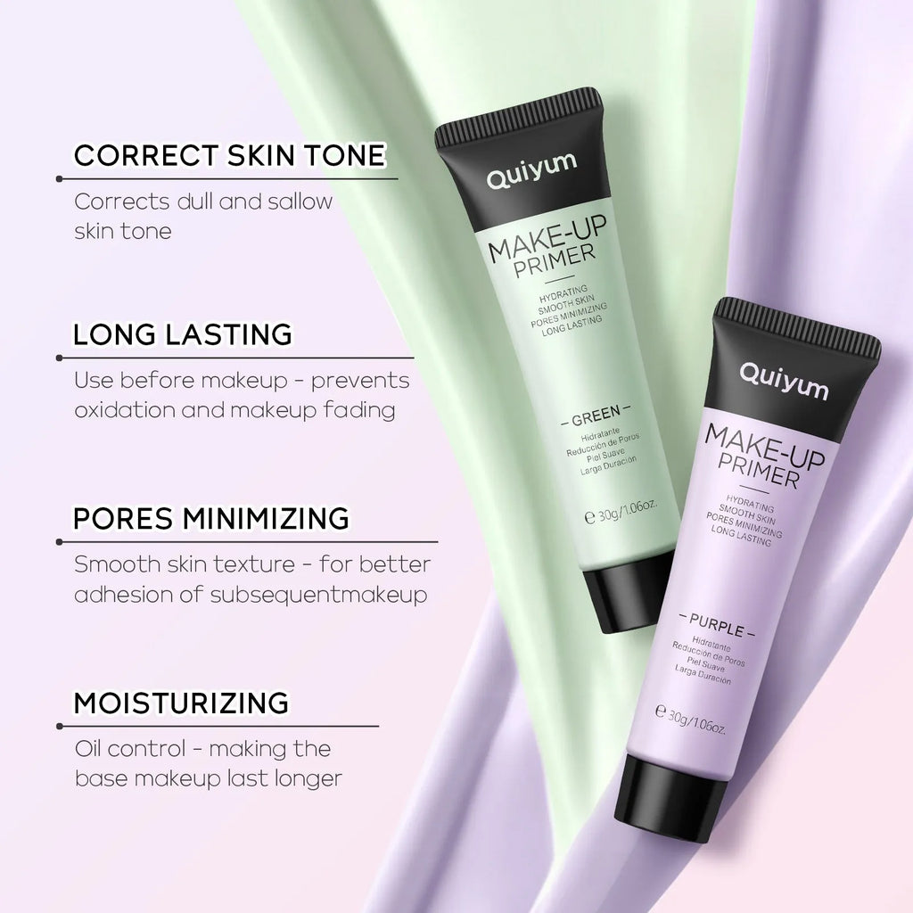 30g tube of colour-correcting moisturising makeup primer in green, pink, and purple shades