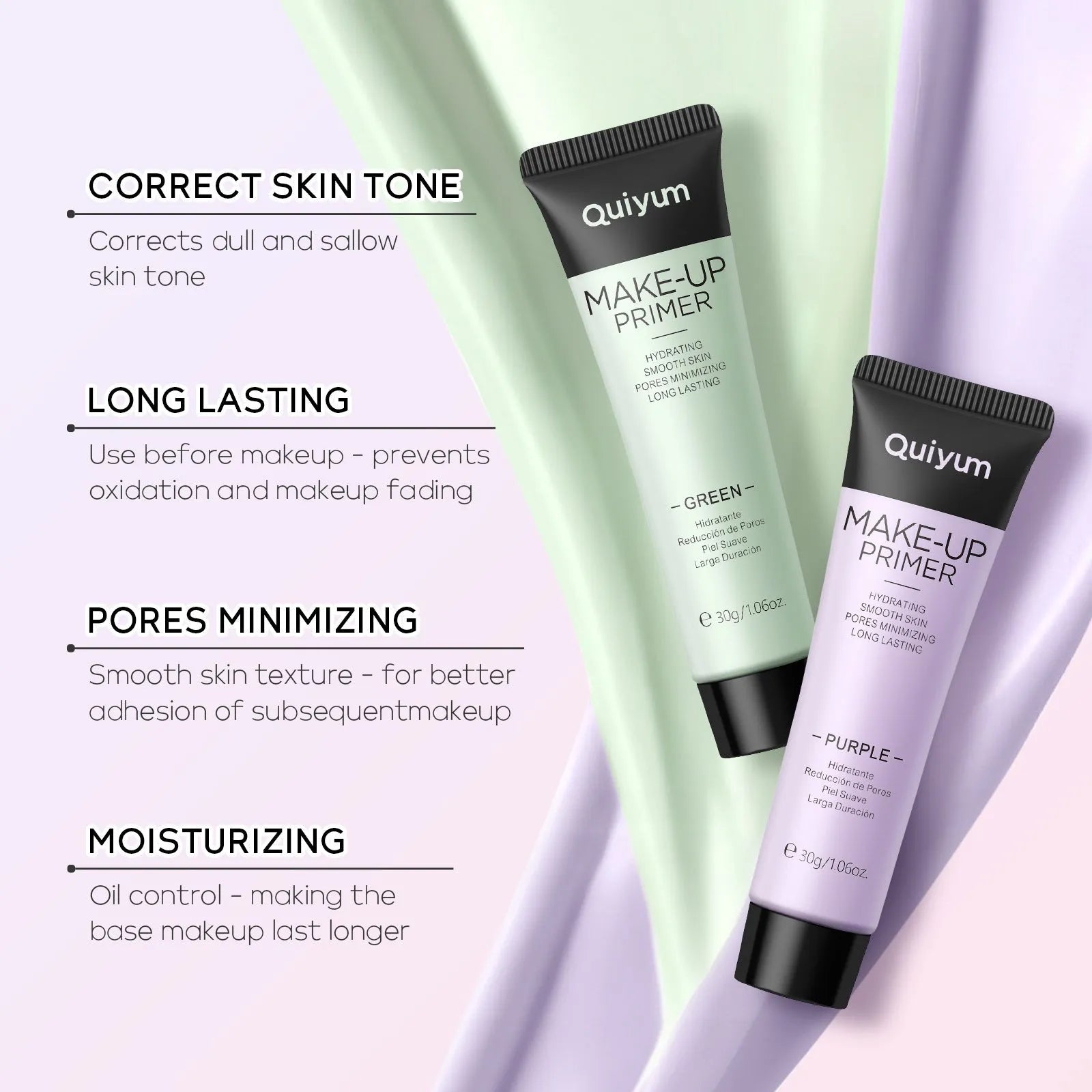 30g tube of colour-correcting moisturising makeup primer in green, pink, and purple shades