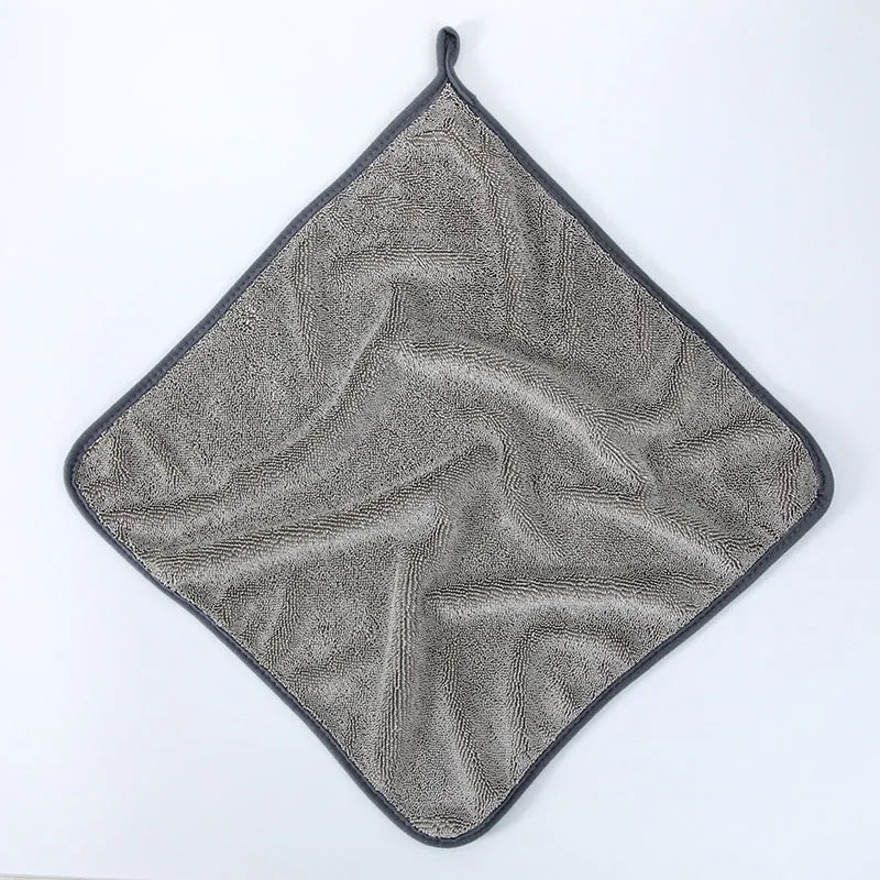 Grey twisted braid car cleaning cloth shown next to a smaller size option with red edge.