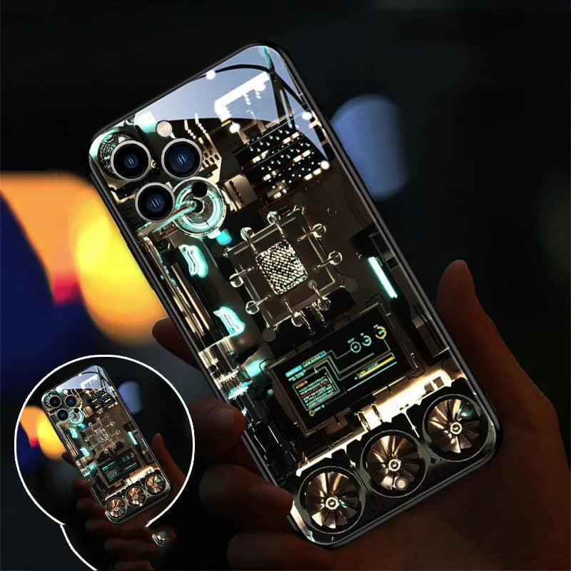 Xpress 14 iPhone case with illuminated LED light pattern on a tempered glass back.