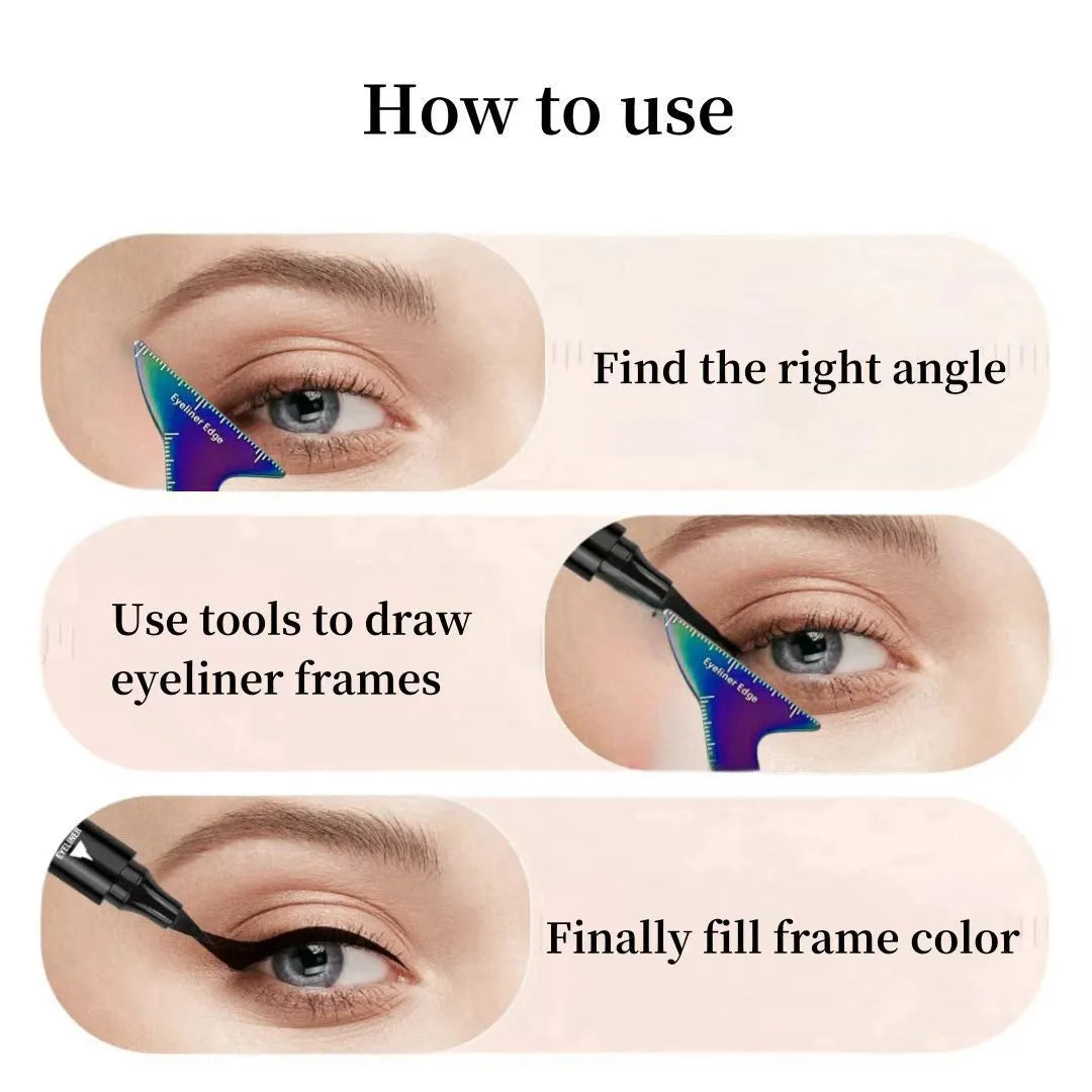 Pink reusable plastic makeup stencil with cut-outs for winged eyeliner, eyebrow arch, and face contour lines on a table.