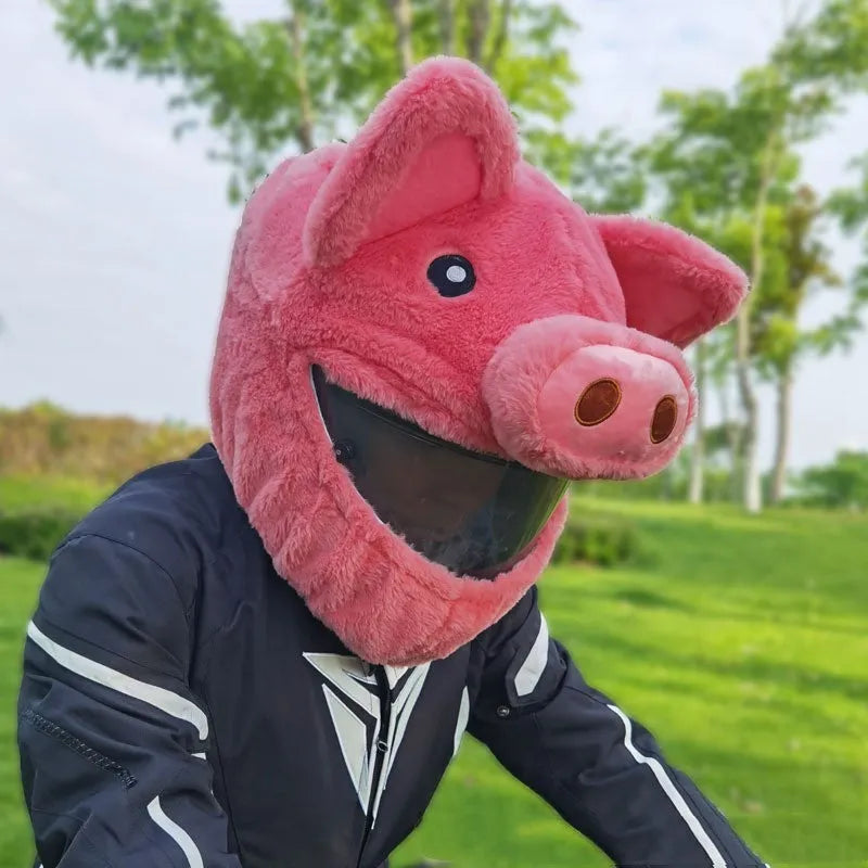 Pink pig cartoon plush helmet protective hood for motorcycle helmets with protective sleeve