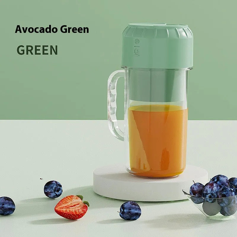 Portable USB juicer in avocado green or cherry blossom pink with multiple blade options for household use
