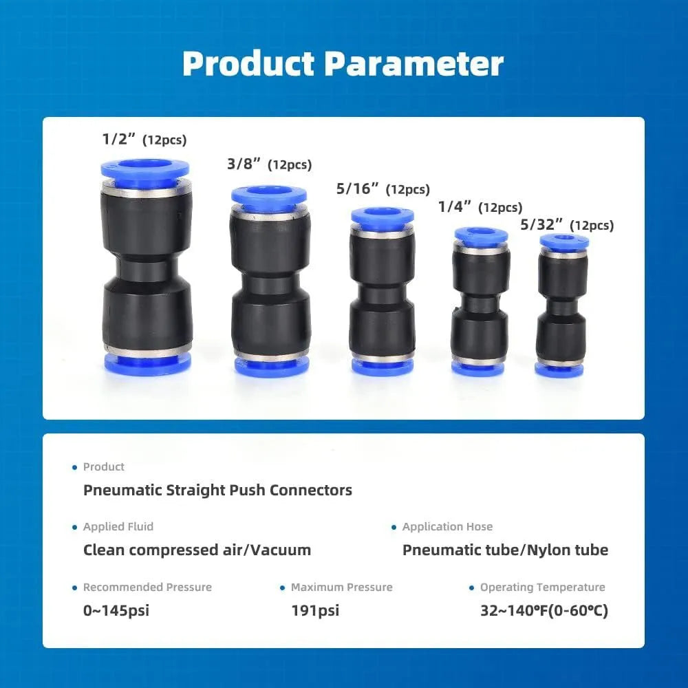 Assortment of 60 quick-connect pneumatic push-in fittings with R1/4 and R1/2 threads.