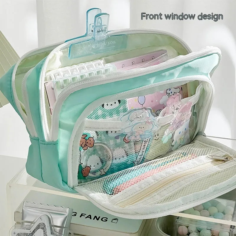 Double layer pencil case in solid colour with gift handle showing interior compartments
