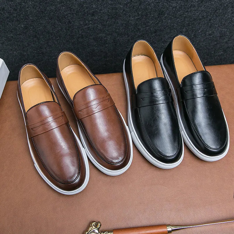 Plus size men's board shoes in black or brown with artificial PU upper, flat heel, rubber sole, and round toe