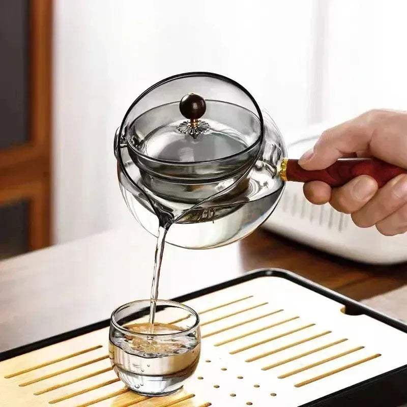 Semi-automatic rotary glass teapot with infuser and wooden handle, transparent borosilicate glass, modern simplicity style