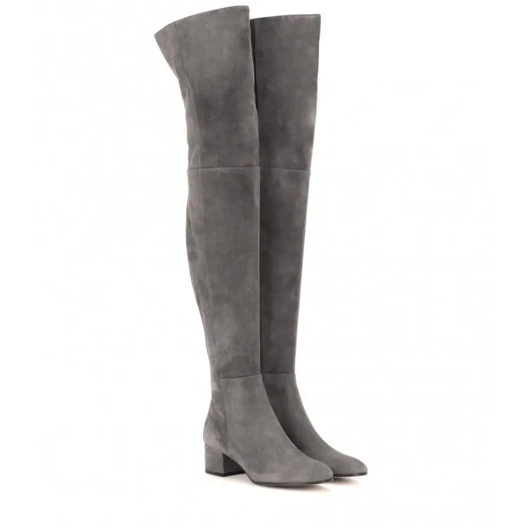 Grey suede women's over-the-knee flat boots with pointed toe and thick rubber sole