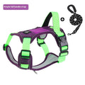 Vest-style dog harness in Oxford cloth, available in black, purple, lake blue, and khaki, with optional reflective rope.