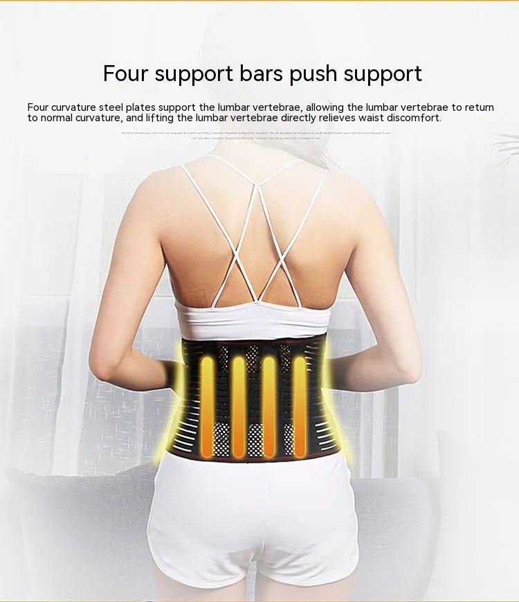 Black breathable sports waist support belt with an internal steel plate for lumbar protection during fitness activities.