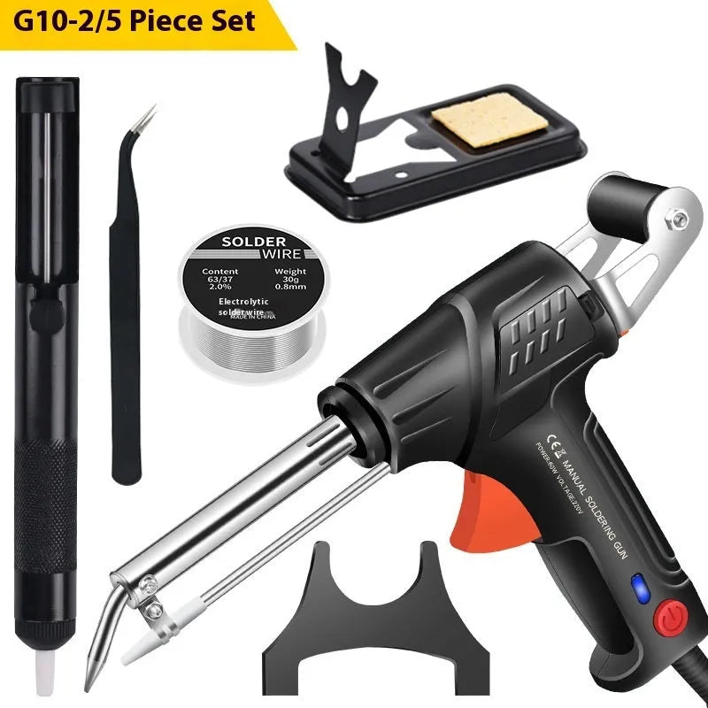 Black soldering gun set with LED light function in H5 configuration for electronics repair