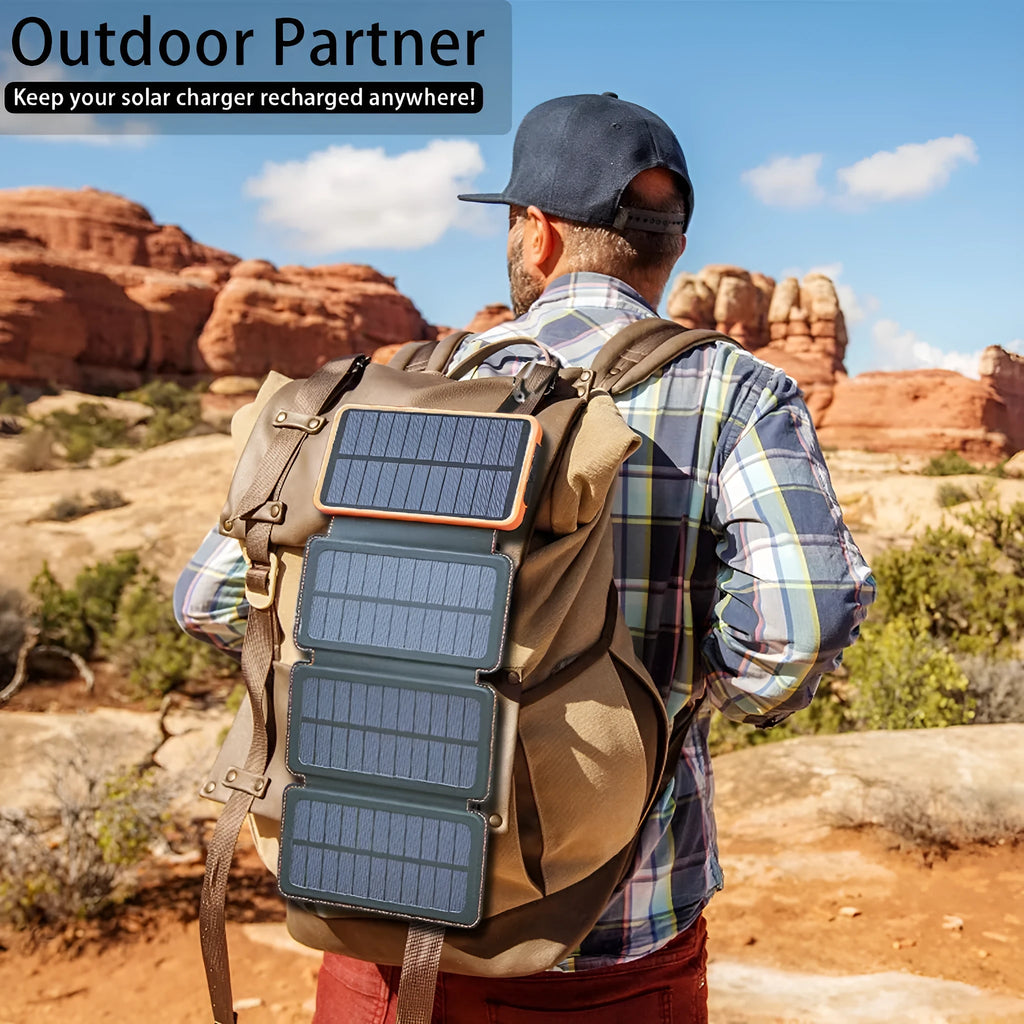 Black outdoor solar power bank with a leather finish, showing the solar panel and a single USB charging port.