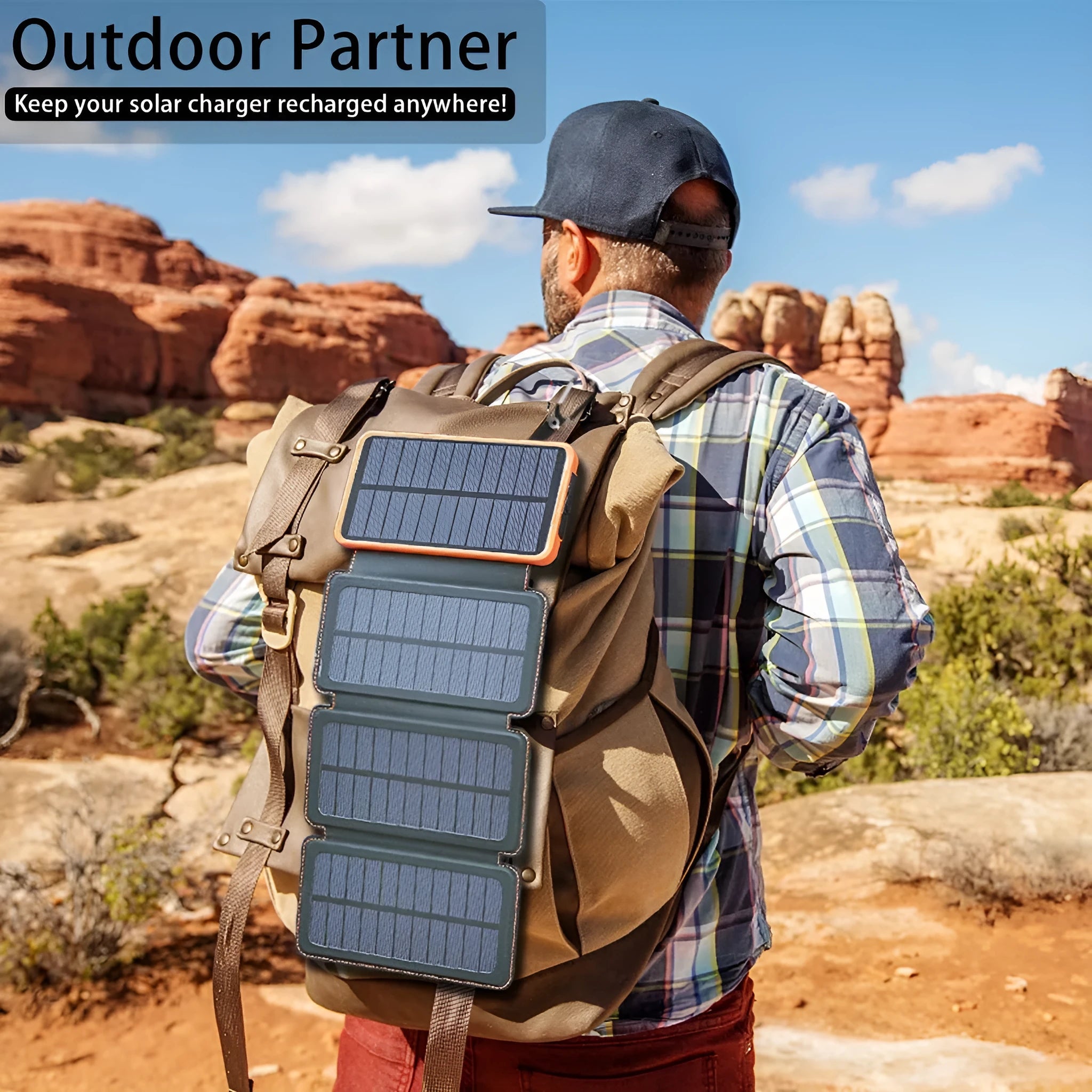 Black outdoor solar power bank with a leather finish, showing the solar panel and a single USB charging port.