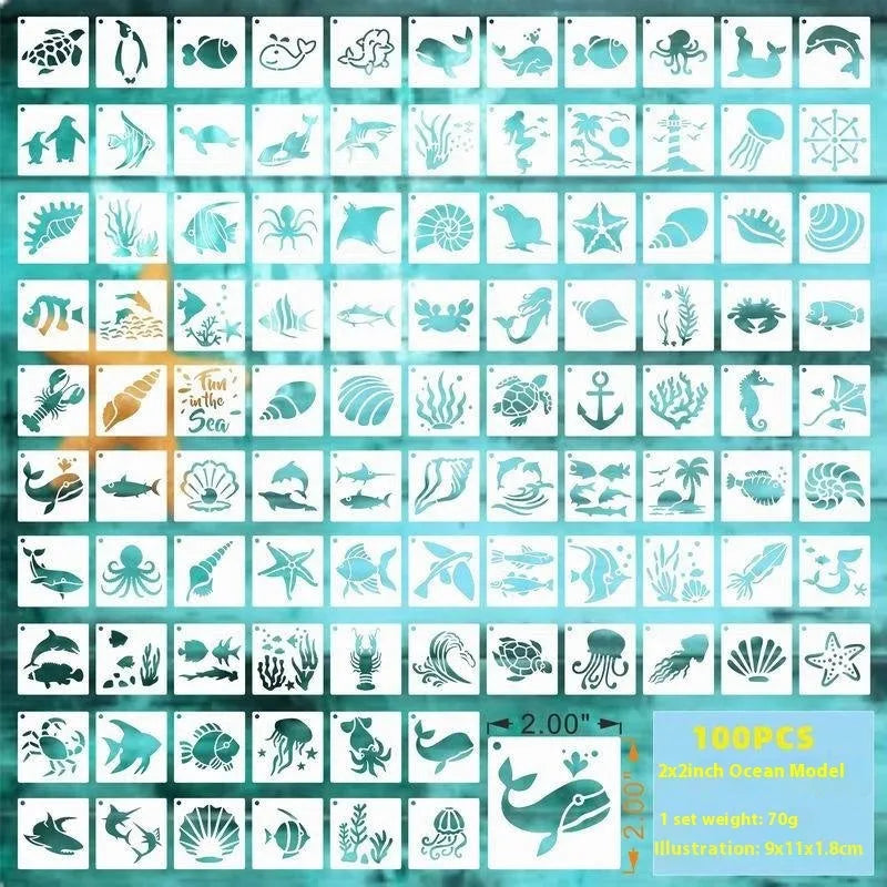 Milky white PET film spray painting stencils showing animal, floral, and letter design templates.