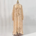 Hollow jacquard lace see-through ribbon A-line long dress with lantern sleeves, polyester, brown apricot purple