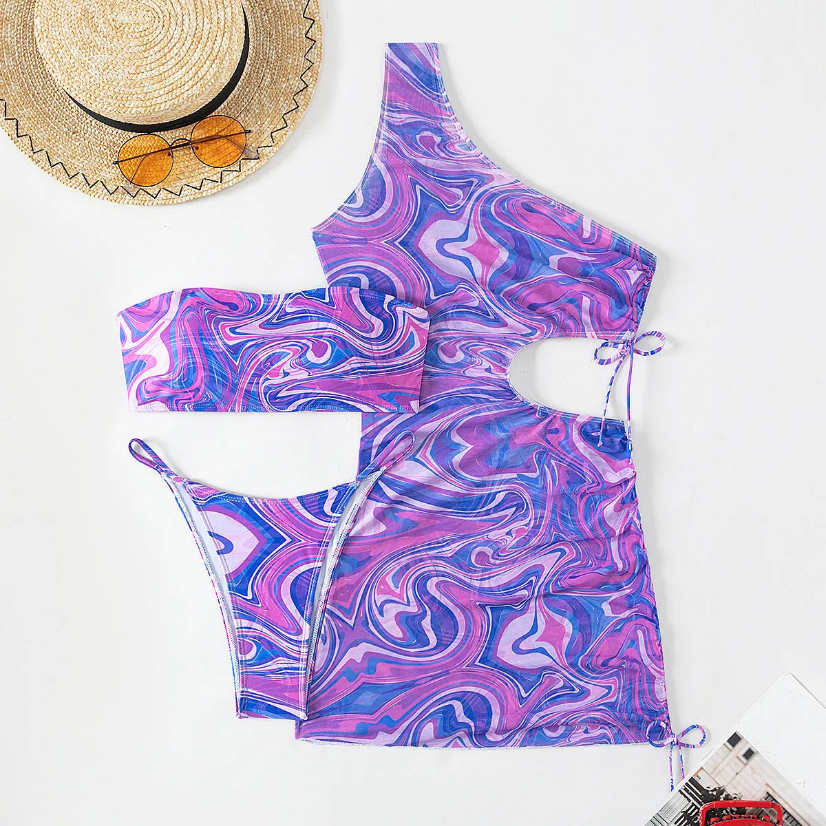 Gradient tie-dye lace bikini swimsuit for women, sleeveless polyester top and pants set with dress