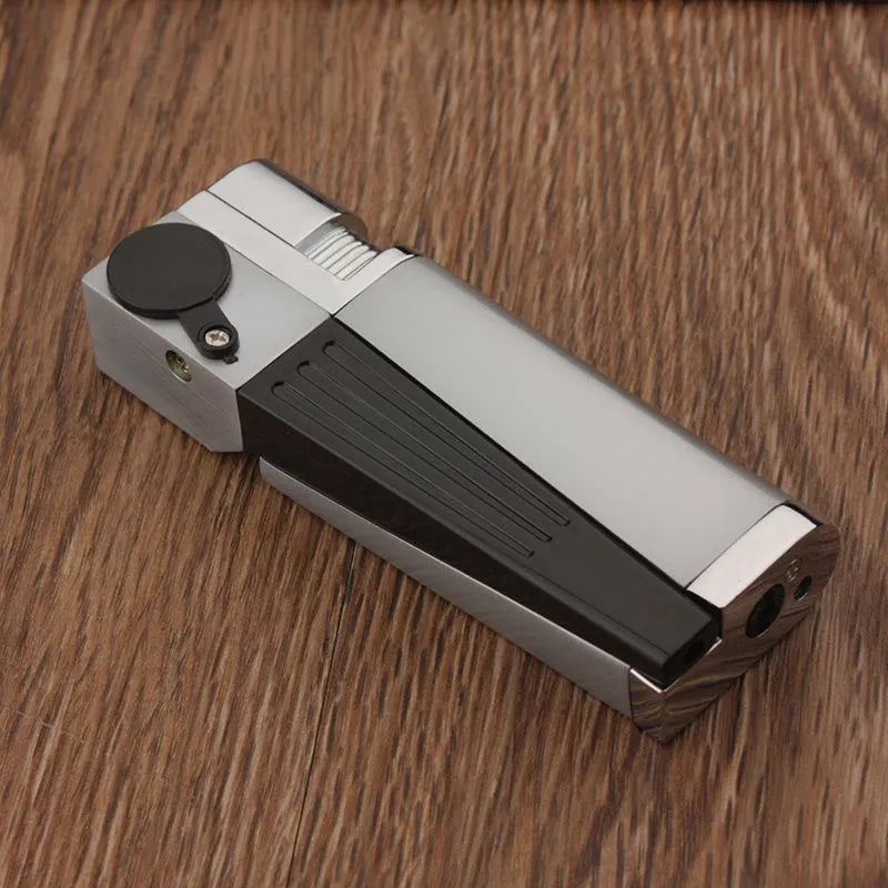Silver foldable metal pipe lighter showing open stash compartment and ignition mechanism