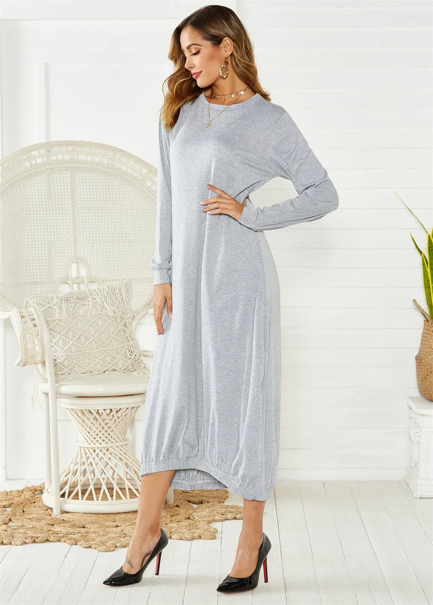 Women's black loose long lantern dress with lace-up crew neck, knitted polyester casual wear.