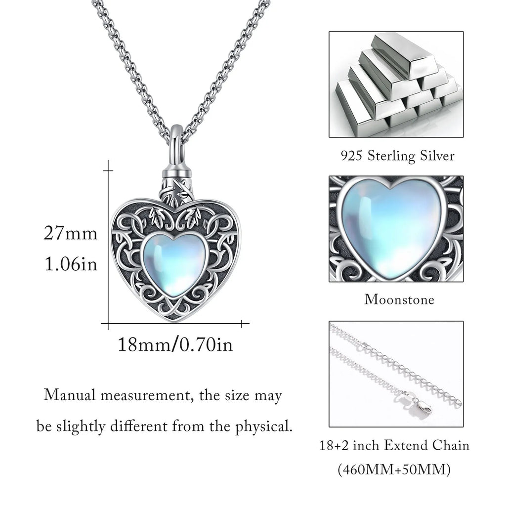 925 silver heart urn necklace with moonstone and 18 inch chain plus 2 inch extender