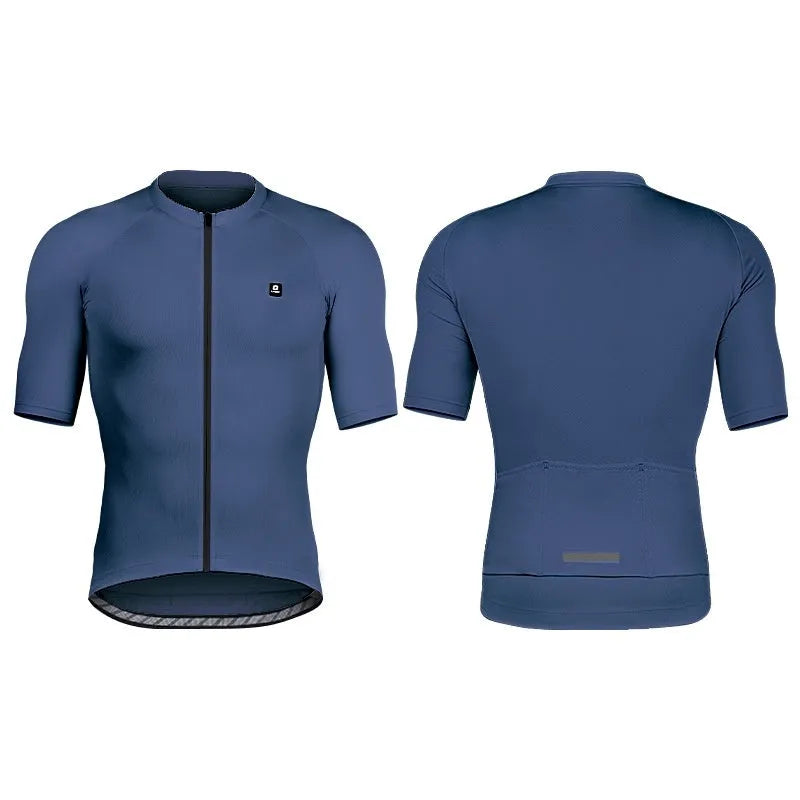 Short-sleeve cycling jersey top in polyester with moisture wicking for mountain and highway bike rides