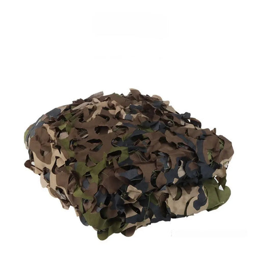 Green camouflage net cover deployed as a sunshade with desert pattern detail