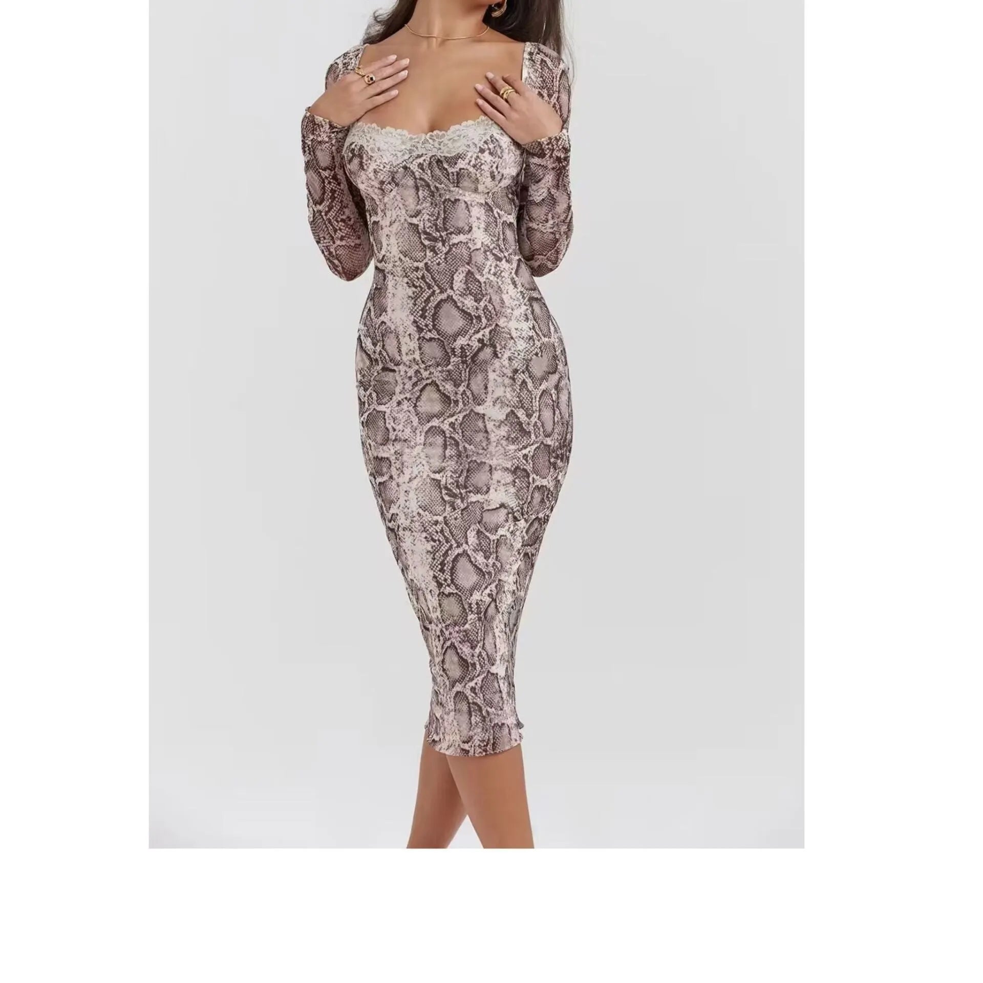 Grey digital printed A-line dress with 3D pattern and long sleeves