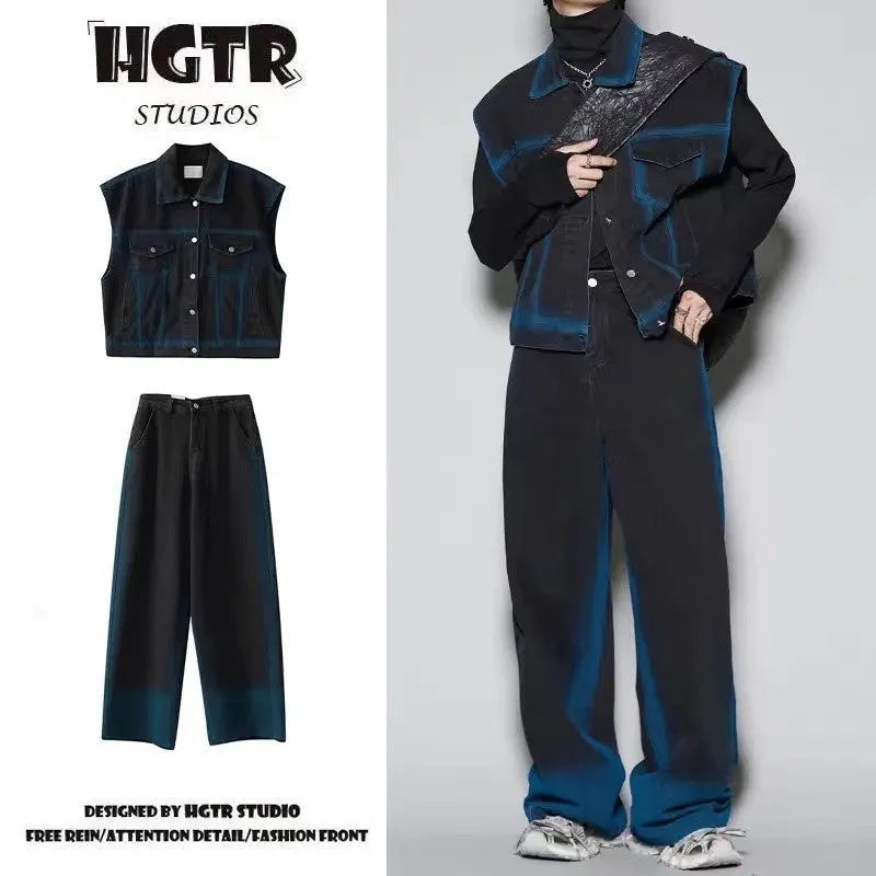 Blue distressed fleece-lined jeans suit set with colour gradient spray design