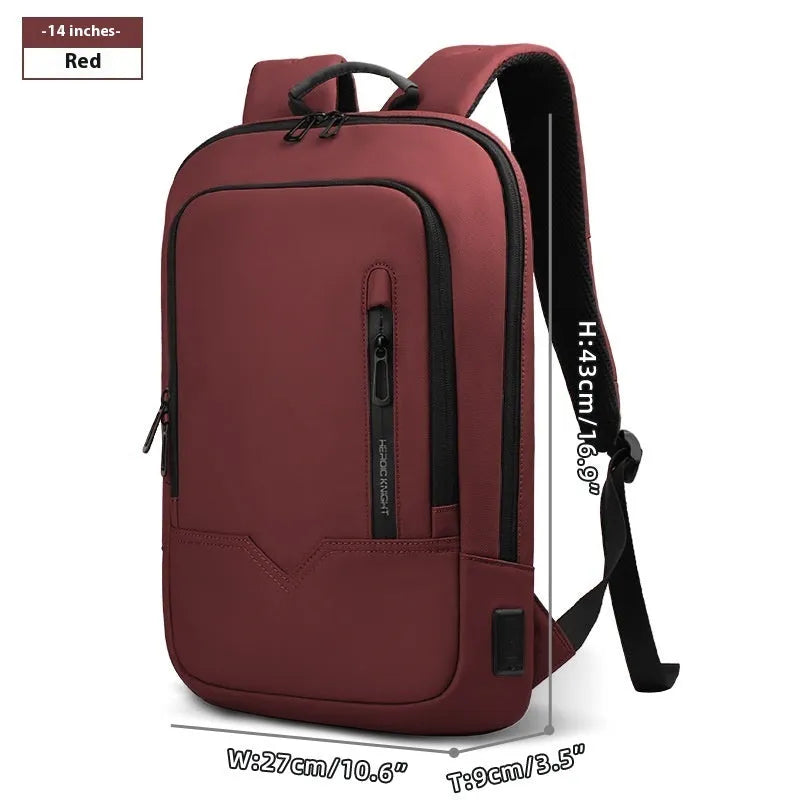 Men's lightweight polyester laptop backpack with USB port in black, shown in 14-inch size.